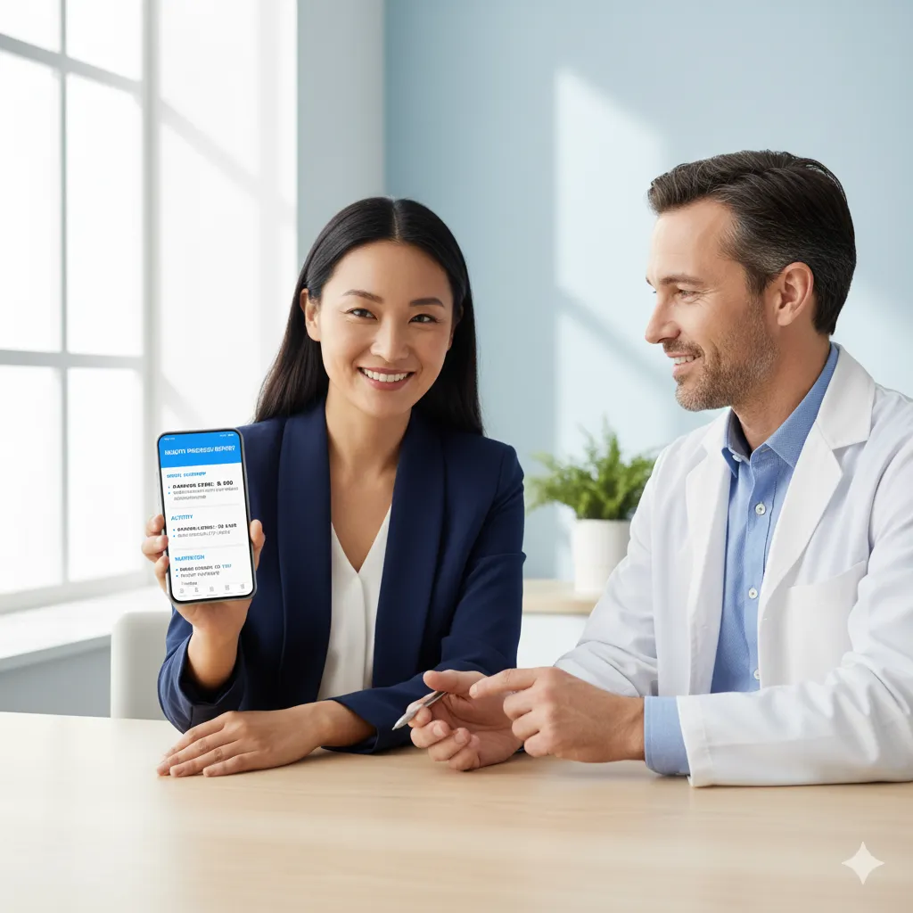 Person confidently discussing lab results with doctor using smartphone showing Serenya analysis